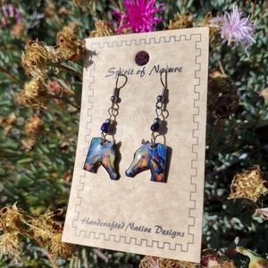 NEW !! Small Horse Earrings ( blue and tan)